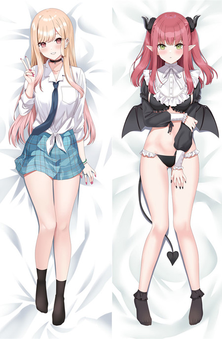 Marin Kitagawa (Rizu-kyun Cosplay) dakimakura artwork: Her blonde hair with pink ends, red eyes, white blouse, navy tie and blue plaid skirt contrast with a red wig, green contacts, black horns and a black-and-white frilled cosplay outfit with wings and a heart-tipped tail.