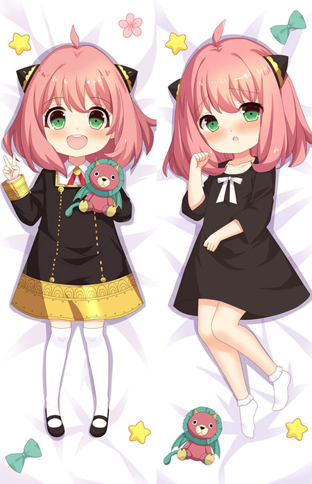 Anya Forger dakimakura body pillow cover artwork with pink hair, green eyes, a gold-trimmed black uniform and lion plush on one side, and a black dress on the other, with stars and bows around both illustrations.