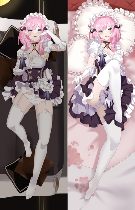 Elysia dakimakura artwork with pink hair, pointed ears, a purple-and-white maid outfit, white gloves and stockings, and a pink heart pillow.