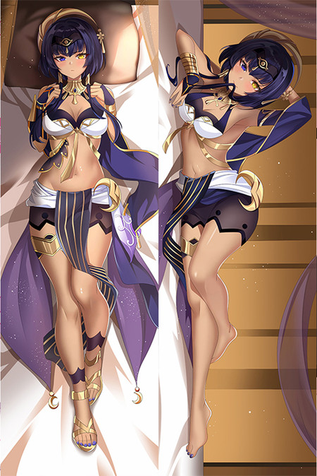 Candace dakimakura artwork with a navy bob, blue-and-gold eyes and a white/navy/gold outfit.