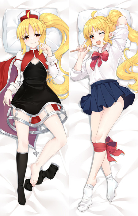 Nijika Ijichi dakimakura artwork with a blonde side ponytail, white shirt and navy skirt, plus a white and red cap and coat