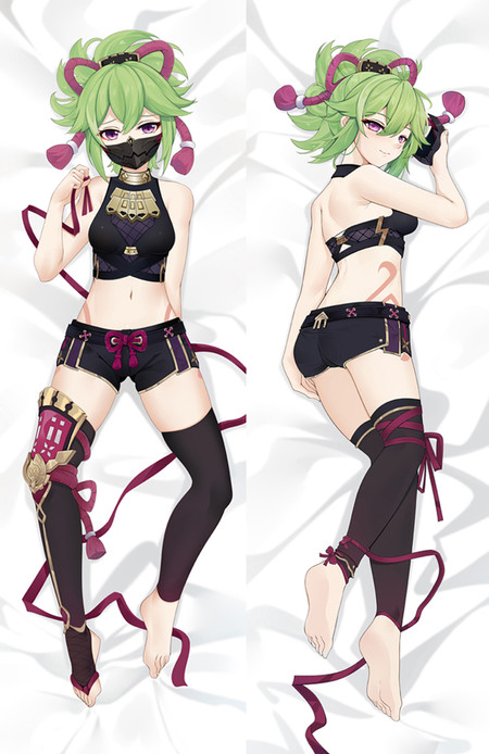Kuki Shinobu dakimakura artwork with green hair, black mask, magenta rope details and a black and purple outfit in two poses