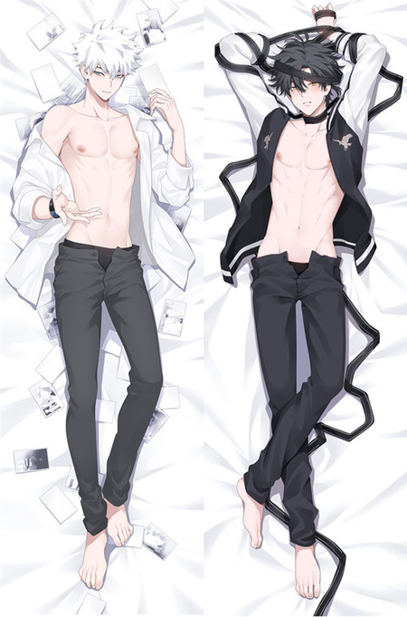 Cheng Xiaoshi and Lu Guang dakimakura body pillow case, black-and-white jacket, open white shirt and scattered photographs.