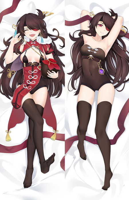 Beidou op een dakimakurahoes met lang bruin haar, ooglap, rood-zwarte outfit en donkere body met paarse hanger.