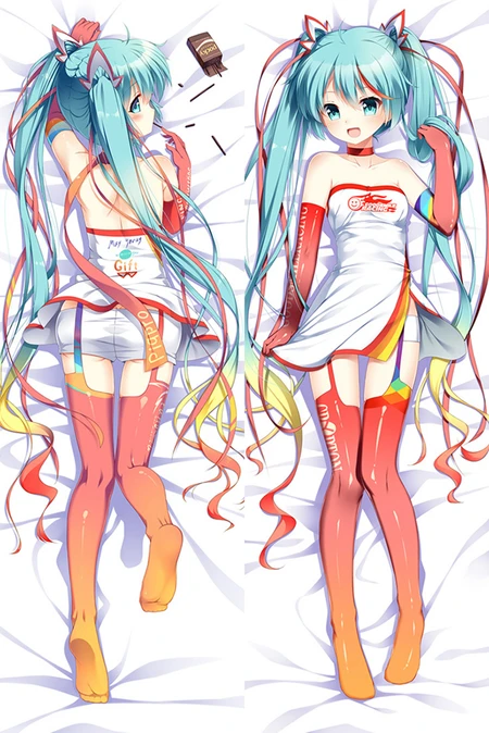 Hatsune Miku body pillow case artwork showing a white racing outfit, red gloves, colourful ribbons and teal twin-tails from front and back.