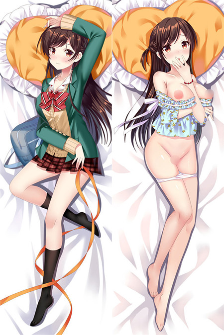 Chizuru Mizuhara with a green blazer, red bow and plaid skirt beside a blue floral outfit, orange heart pillow and blue bag. Preview image.