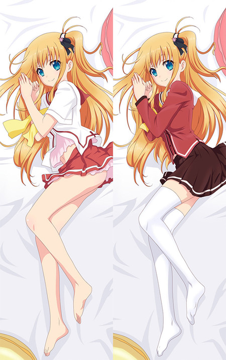 Yusa Nishimori dakimakura body pillow case illustration with golden hair, a yellow bow and white/red outfits.