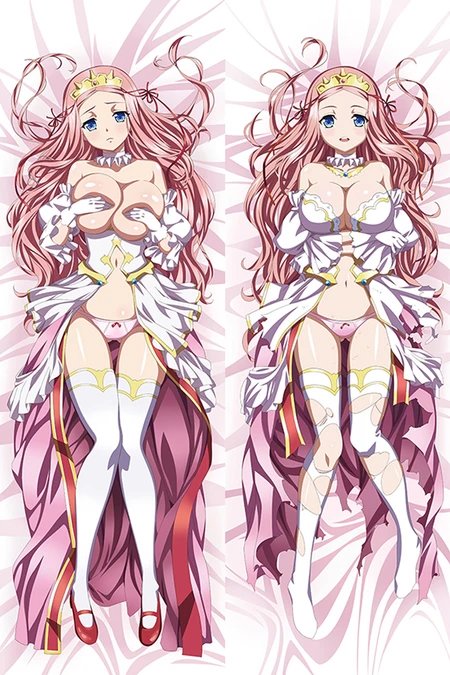 Prim Fiorire auf einem Dakimakura-Bezug mit rosa Haaren, goldener Krone und weiß-lilafarbenem königlichem Outfit.