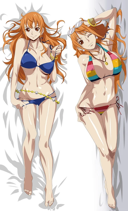 Front and back artwork for a Nami body pillow case, showing blue and multicoloured striped swimwear with sunglasses on one side.