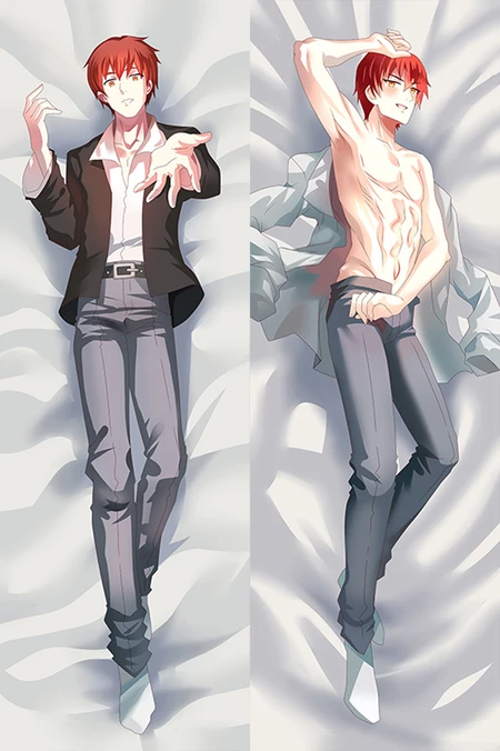 Karma Akabane dakimakura body pillow case illustration with red hair, dark blazer and grey trousers.