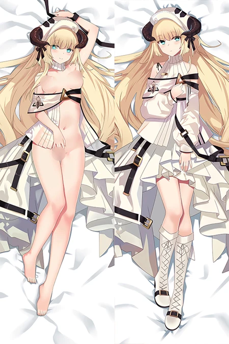 Nightingale sur une housse de dakimakura Arknights, longs cheveux blonds et cornes recourbées ; tenue blanche aux détails noirs et dorés à droite, aperçu censuré.