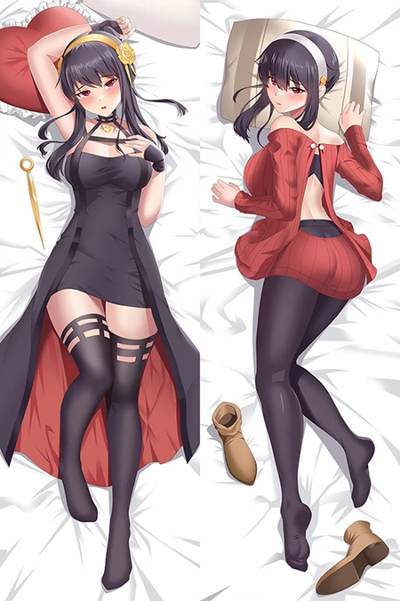 Yor Forger dakimakura artwork with a black and red dress, red knit dress, dark tights and brown boots beside her.
