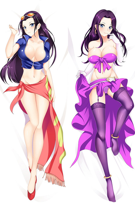 Nico Robin body pillow case artwork in two outfits: a blue top with a red wrap skirt, and a purple outfit with white gloves and boots.