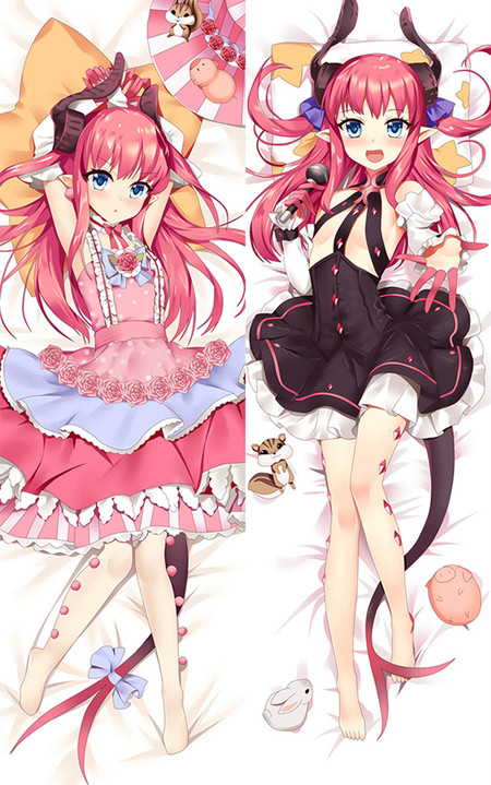 Elizabeth Bathory dakimakura artwork with pink hair, a pink-and-pale-blue frilled dress, and a black-and-white outfit with a microphone.