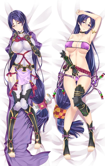 Minamoto no Raikou from Fate/Grand Order on a two-sided dakimakura body pillow case, with long purple hair, purple clothing details, red cords and black-and-gold armour.