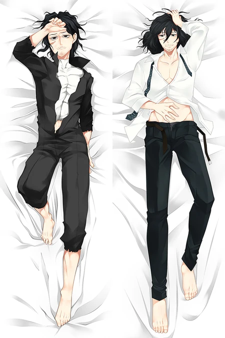 Two poses of Shota Aizawa for a body pillow case, with tousled black hair, a black jacket, white shirt and black trousers.