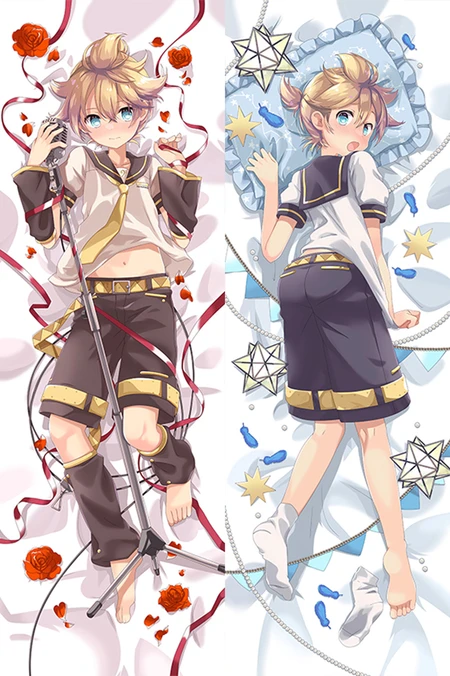 Artwork for a Kagamine Len body pillow case in two poses, with a microphone and red roses on one side, a blue cushion and stars on the other.