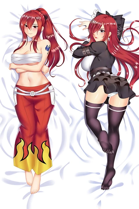 Two-sided Erza Scarlet dakimakura artwork from Fairy Tail, with long red hair, white chest wrap and red flame-patterned trousers on one side, and a black maid outfit on the other.