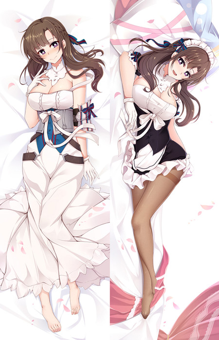 Dakimakura-afbeelding van Mamako Oosuki met lang bruin haar en linten; links witte jurk met ruches, rechts zwart-witte maid-outfit.