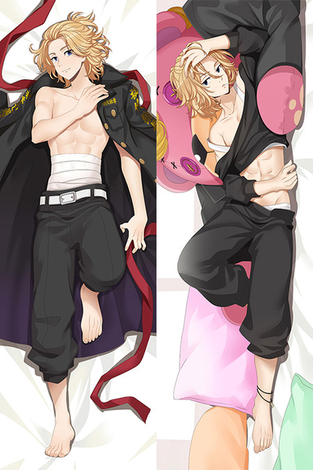 Manjiro Sano Mikey Tokyo Revengers dakimakura body pillow case with wavy blond hair, black gold-lettered coat, dark trousers and white waist bandages in two poses