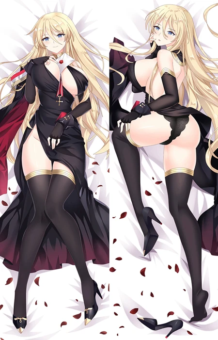 Bismarck Azur Lane dakimakura body pillow case, blonde hair, blue eyes, black dress with gold trim and red lining, black gloves and red petals