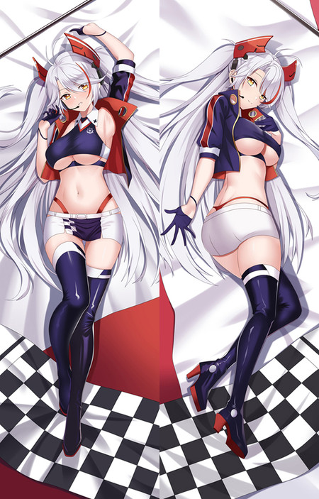 Prinz Eugen dakimakura artwork with silver hair, a red-and-navy cropped jacket, white-and-navy shorts and tall boots on a checked background.