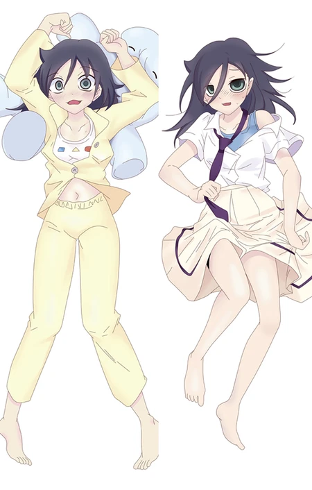 Tomoko Kuroki with yellow pyjamas, messy dark hair and a pale-blue cushion