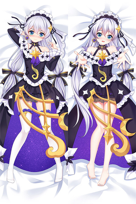 Fodera per cuscino dakimakura “ Theresa Apocalypse ” a doppia faccia, con un disegno raffigurante un abito nero e viola, volant bianchi, due codini argentati e dettagli dorati a forma di stella e mezzaluna.