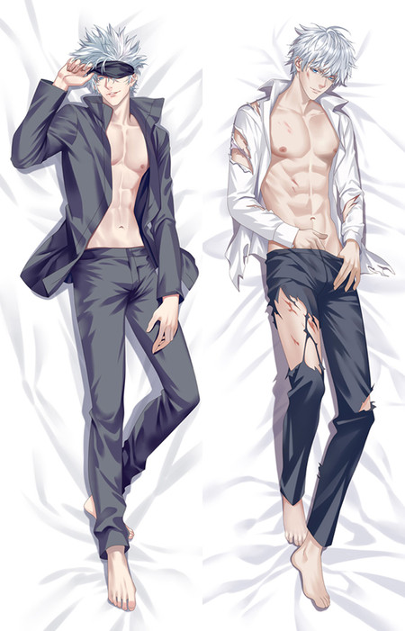 Satoru Gojo dakimakura body pillow case artwork: Open dark jacket and lifted blindfold on one side; torn white shirt, ripped dark trousers and visible scratches on the other.