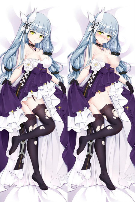 Two-sided HK416 dakimakura artwork with silver-blue hair, purple and white frills, white flowers and crossed-leg poses; censored version.