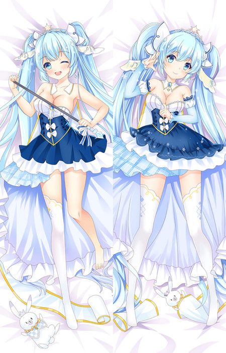Front and back artwork for a Hatsune Miku body pillow case, with a blue and white dress, star details and white rabbit motifs.