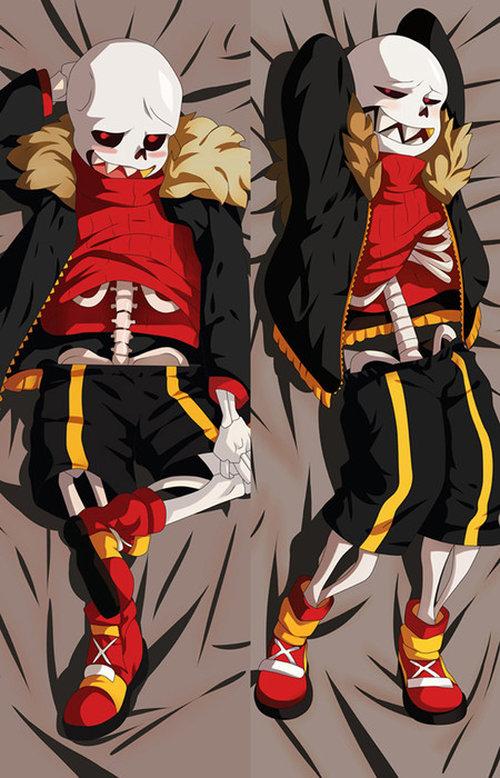 Sans dakimakura body pillow case with red pullover, black jacket with golden fur trim, black shorts with gold stripes and red lace-up shoes.
