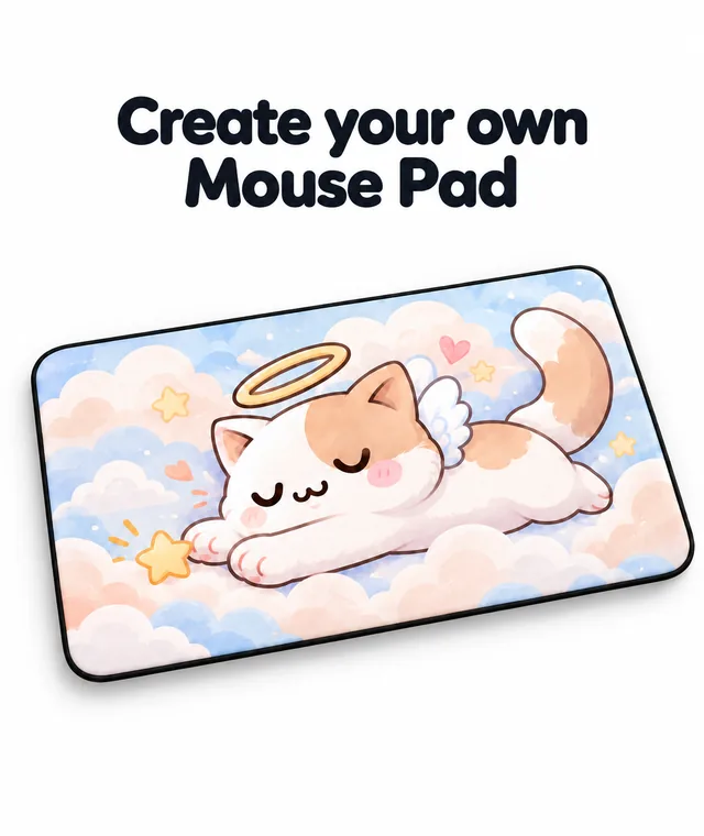 Tappetino per mouse rettangolare personalizzato con una stampa raffigurante un gatto-angelo DakiHeaven che si allunga e nuvole dai colori pastello.