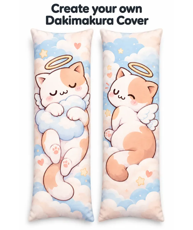 Federa personalizzata per dakimakura con disegni del gatto-angelo DakiHeaven su nuvole dai colori pastello sia sul davanti che sul retro.