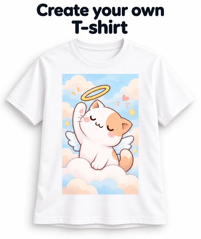 Wit custom T-shirt met een rechthoekige print van een DakiHeaven-engelenkat op de voorkant.