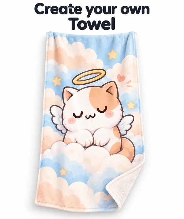 Custom handdoek met een afbeelding van een DakiHeaven-engelenkat en een omgeslagen hoekje waardoor de achterkant zichtbaar is.