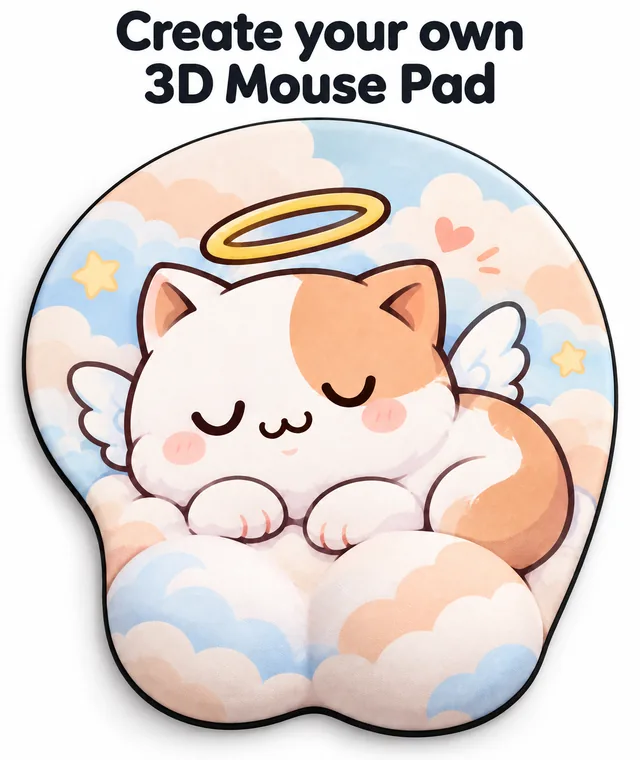 Mouse Pad 3D personalizzato con poggiapolsi rialzato e disegno del gatto-angelo DakiHeaven.