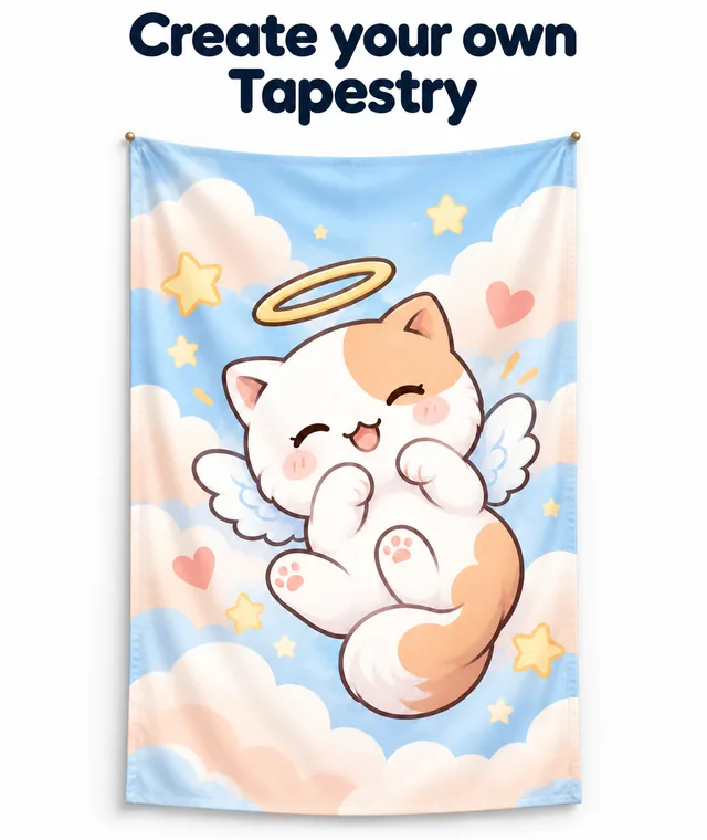 Arazzo da parete personalizzato con un gatto-angelo sorridente di DakiHeaven tra nuvole e stelle dai colori pastello.