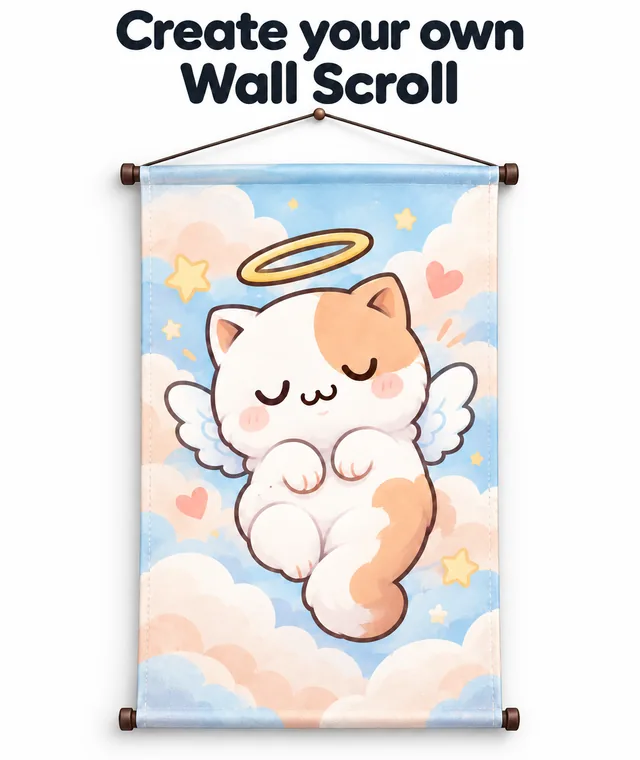 Wall Scroll personnalisé avec des tiges de suspension et un chat ange DakiHeaven sur des nuages aux couleurs pastel.