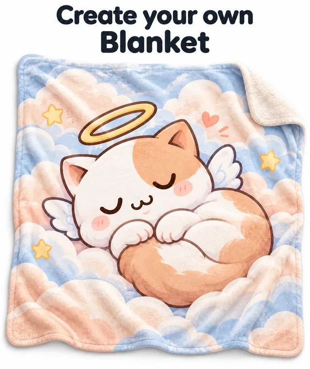Individuell gestaltete Decke mit einer schlafenden DakiHeaven-Engelskatze inmitten pastellfarbener Wolken und Sterne.