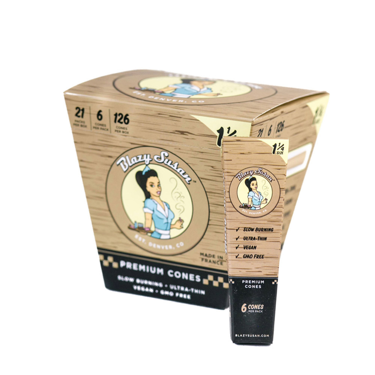 BLAZY SUSAN UNBLEACHED PREMIUM KING SIZE CONES DISPLAY OF 21 (3PK)