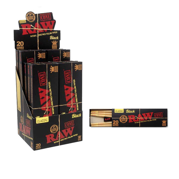 RAW CLASSIC BLACK  KING SIZE CONES DISPLAY OF 12 (RAW-155)