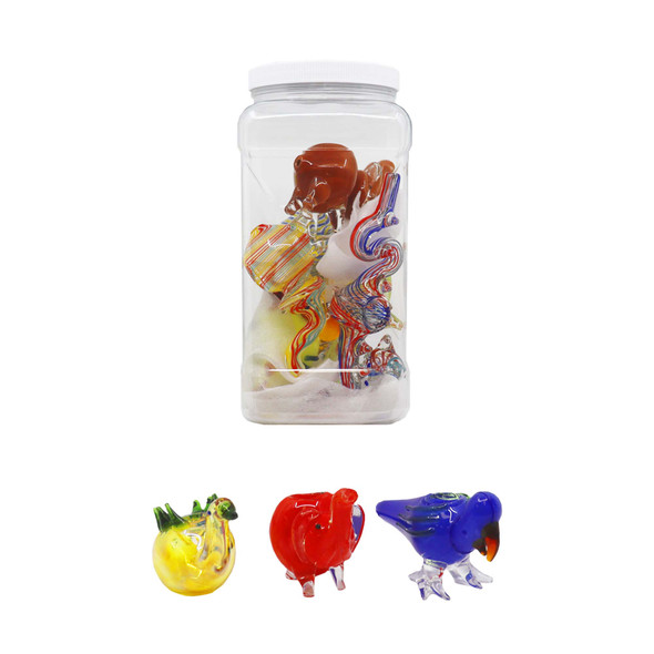 LARGE MIXED ANIMALS DESIGN GLASS HANDPIPE JAR OF 12 (JAR-6)