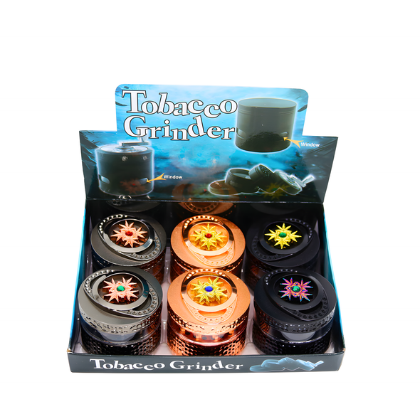 MYSTICAL SPINNER WITH PEEK THROUGH WINDOW 4 PART 65MM GRINDER DISPLAY OF 6