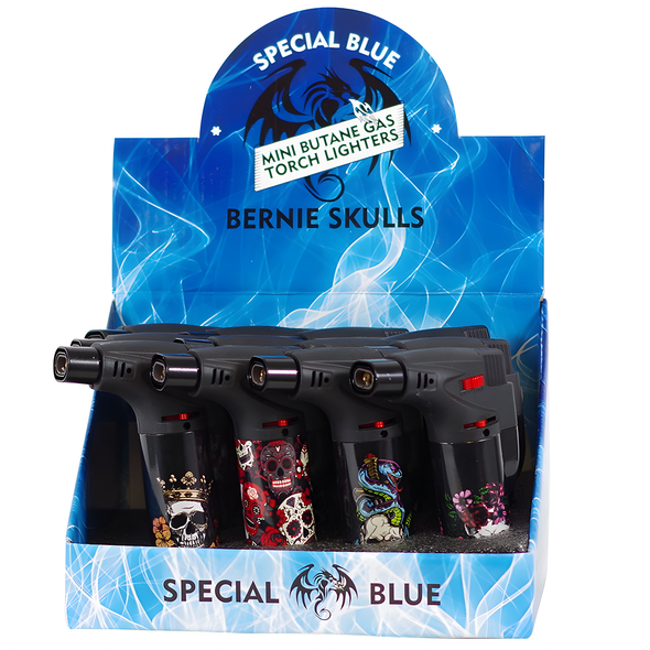 SPECIAL BLUE BERNIE SKULLS & ROSES LIGHTER DISPLAY OF 12