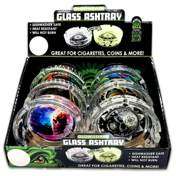 SMOKE ZILLA GLOW IN THE DARK GLASS ASHTRAY DISPLAY OF 6 (23719)