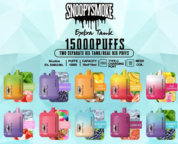 SNOOPY SMOKE EXTRA TANK 2 X 18ML (36ML TOTAL) 15000 PUFFS 650MAH PREFILLED RECHARGEABLE DISPOSABLE WITH MECH COIL DISPLAY OF 10