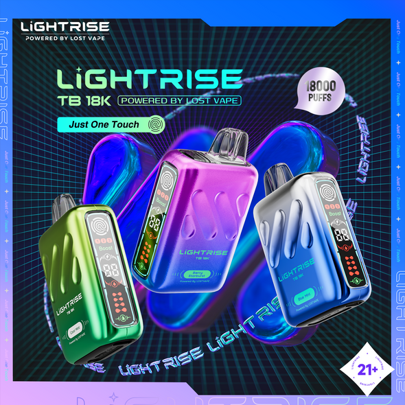 LIGHTRISE TB18K BY LOST VAPE 18000 PUFF 18ML DISPOSABLE TOUCH BUTTON DISPLAY OF 5