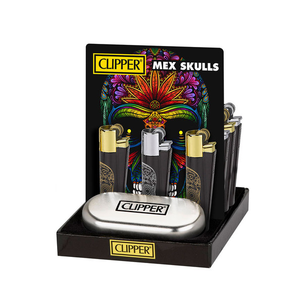 CLIPPER METAL MEXICAN SKULLS LIGHTER DISPLAY OF 12 (CLIPPER-21)