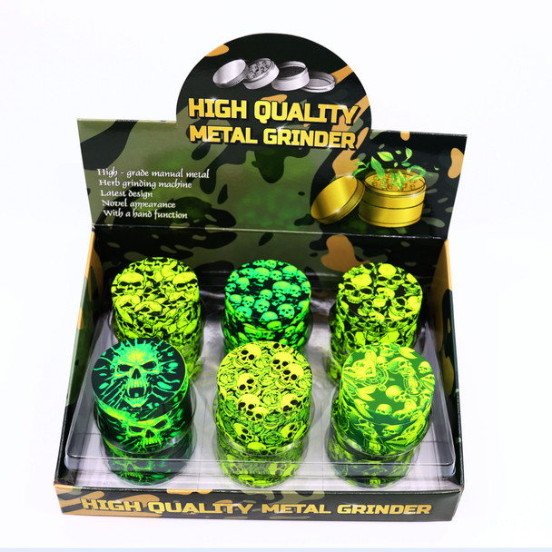 NEON GREEN AND YELLOW SKELETONS 4 PART 50MM GRINDER DISPLAY OF 12